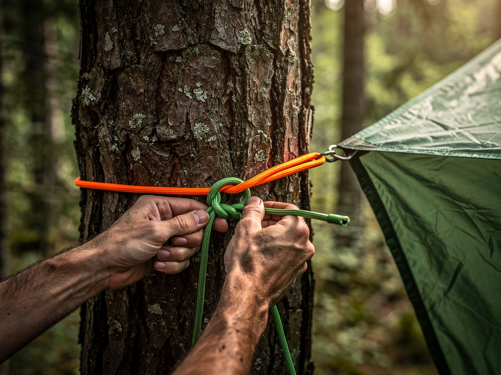 Hands tying paracord to a tree trunk to rig an A-frame tarp ridgeline, demonstrating the knot placement and rope angle needed to create a taut shelter ridge