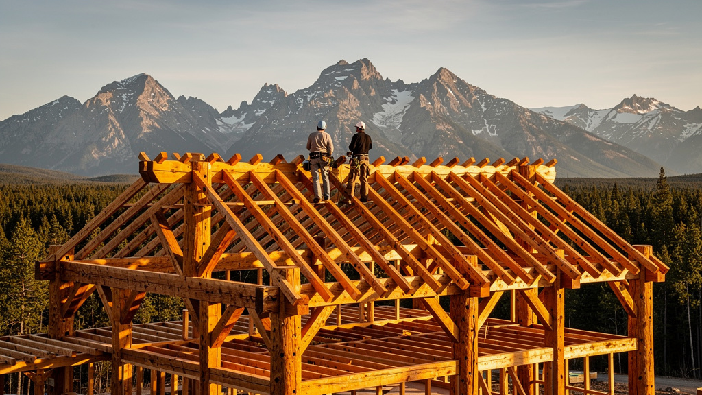 Timber frame barn structure under construction showing hand-hewn beams and mortise-and-tenon joinery against a mountain backdrop
