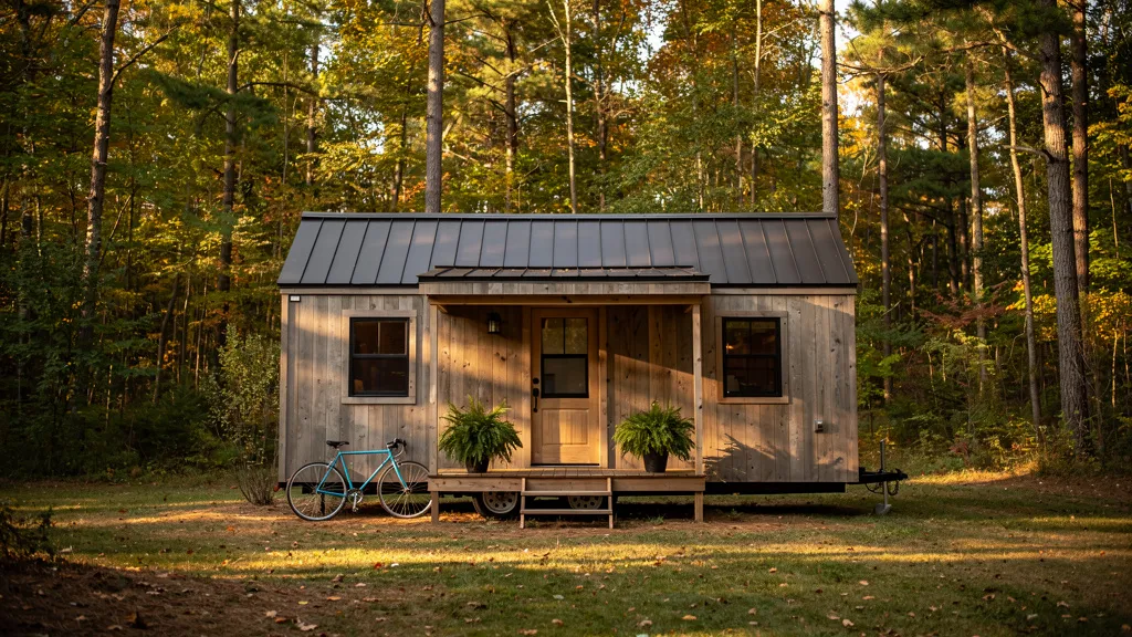 Tiny house on wheels with cedar siding and metal roof parked in a wooded clearing with afternoon light filtering through trees