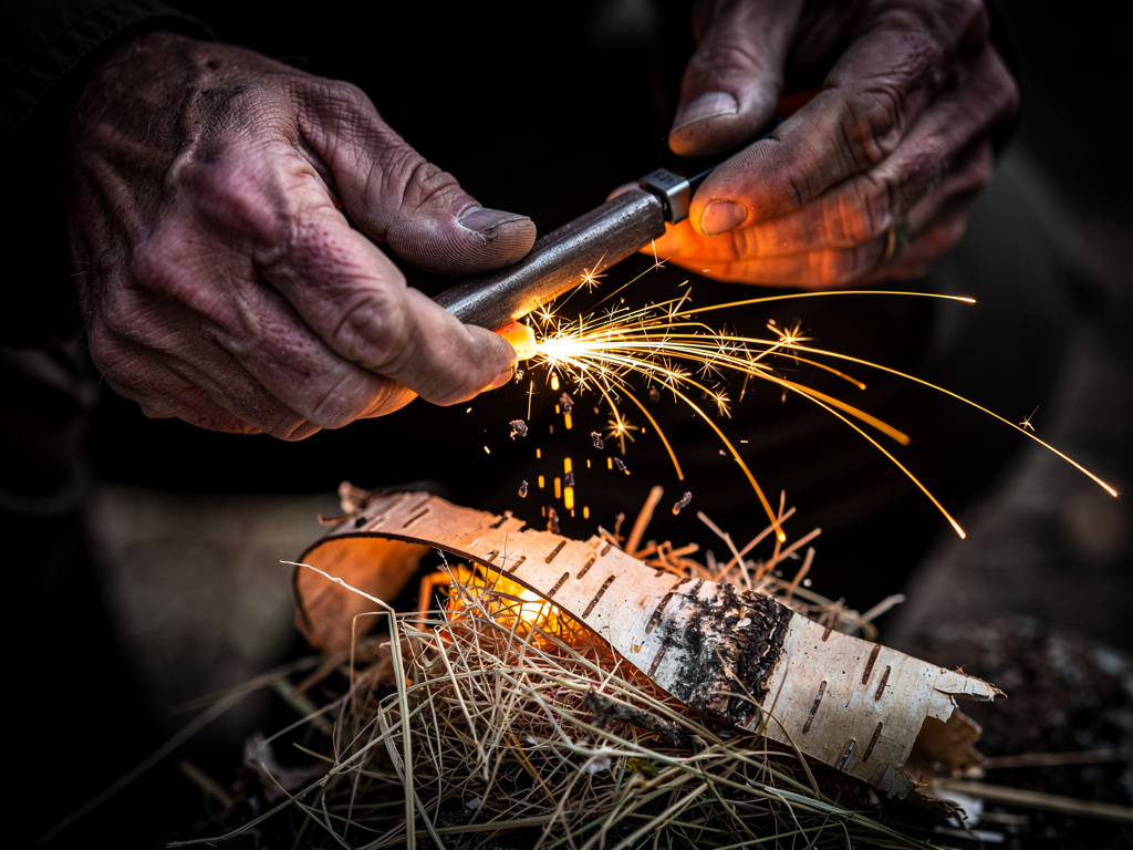 Hands striking a ferro rod to produce sparks over a dry tinder bundle for fire starting