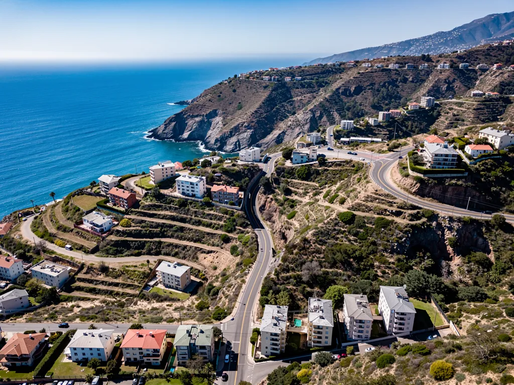 Aerial view of coastal town showing elevation differences and uphill evacuation routes away from the shoreline