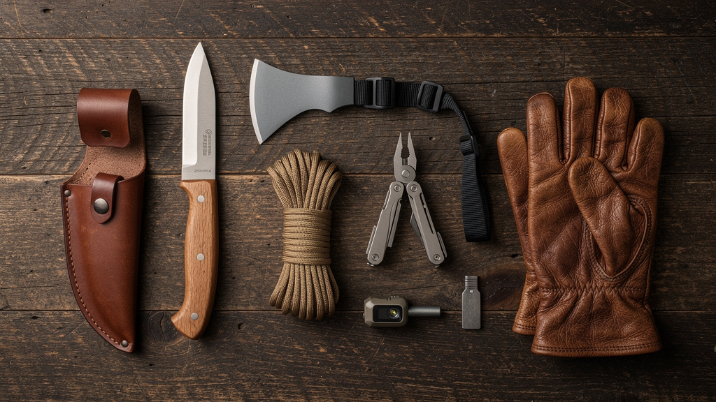 Overhead flat lay of essential preparedness tools on a weathered oak workbench — fixed-blade knife, hand axe, multitool, paracord, headlamp, and work gloves, showing the core kit that multiplies capability in any emergency