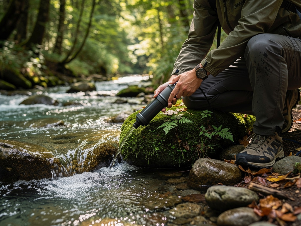 Person using a portable water filter to collect water from a clear mountain stream